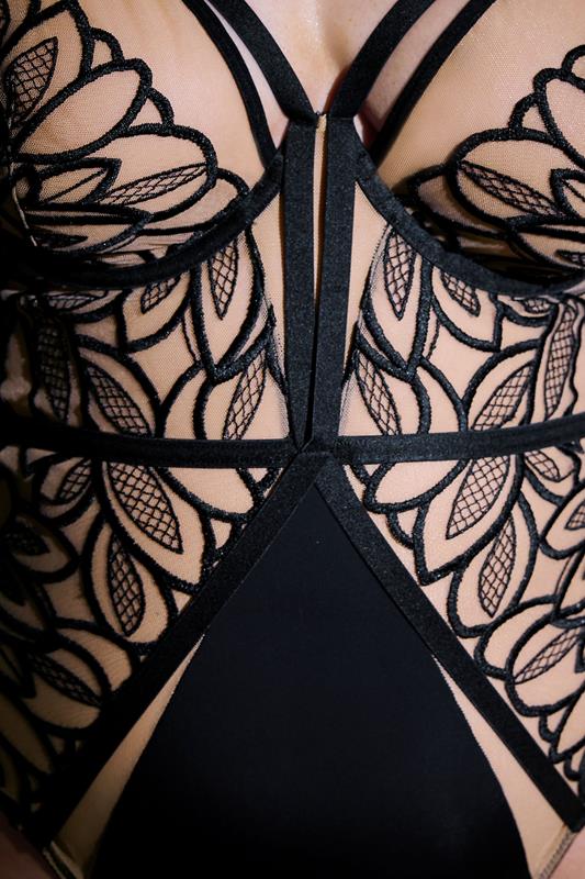 PLAYFUL PROMISES Plus Size Black Floral Embroidered Strappy Bodysuit | Yours Clothing 5