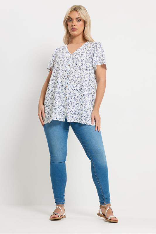 YOURS Plus Size White & Blue Leaf Print Linen Blouse | Yours Clothing 1