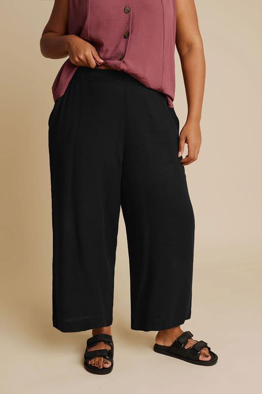 YOURS Plus Size Black Linen Cropped Wide Leg Trousers | Yours Clothing 1