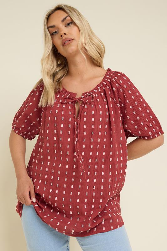 YOURS Plus Size Rust Orange Dobby Tie Neck Top | Yours Clothing 4