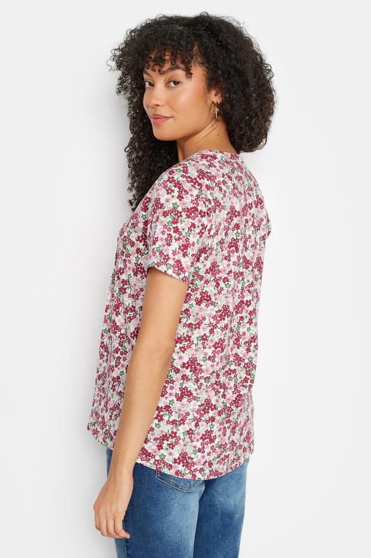 M&Co Pink Floral Print Cotton Short Sleeve Henley Top | M&Co 4