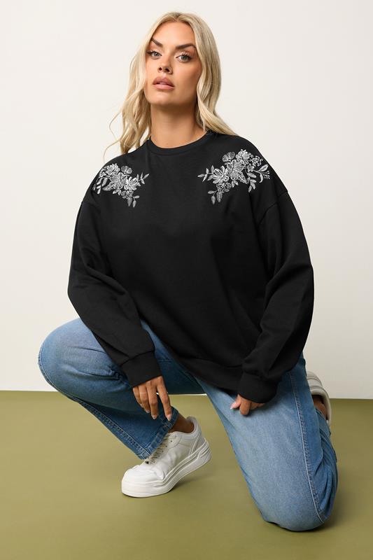 YOURS Plus Size Black Embroidered Sweatshirt | Yours Clothing 5
