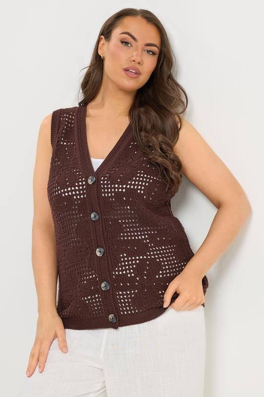 YOURS Curve Chocolate Brown Crochet Knitted Waistcoat