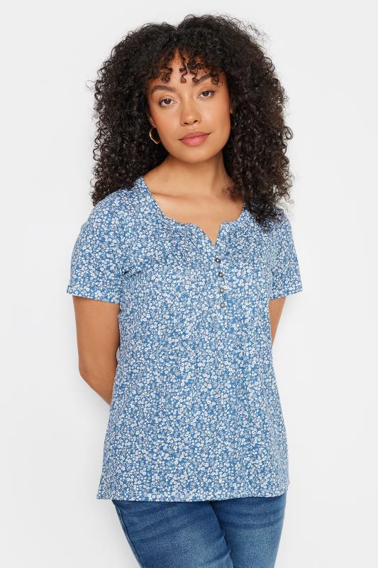 Women's  M&Co Blue Floral Print Cotton Short Sleeve Henley Top