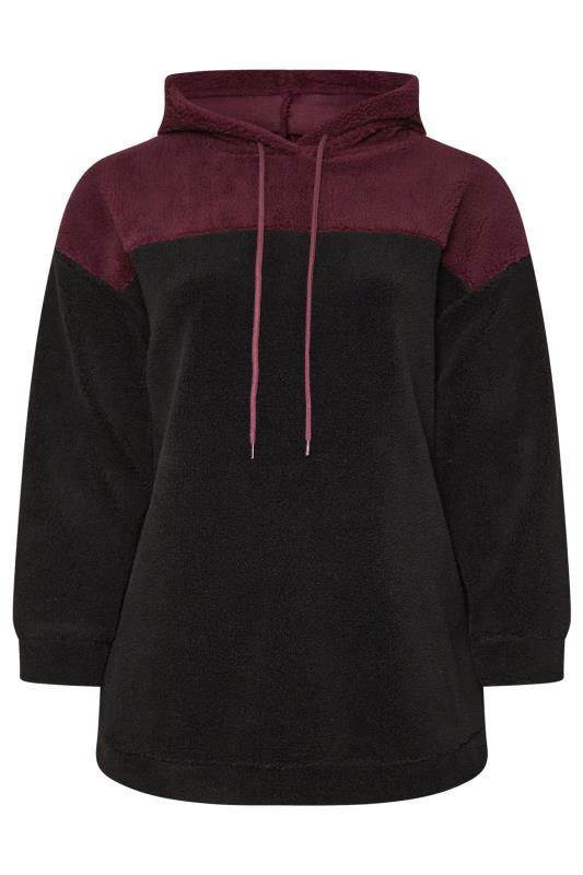 YOURS Plus Size Black & Burgundy Red Colourblock Teddy Fleece Hoodie | Yours Clothing  5