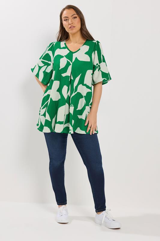 YOURS Plus Size Green Abstract Textured Pleat Front Top | Yours Clothing  1