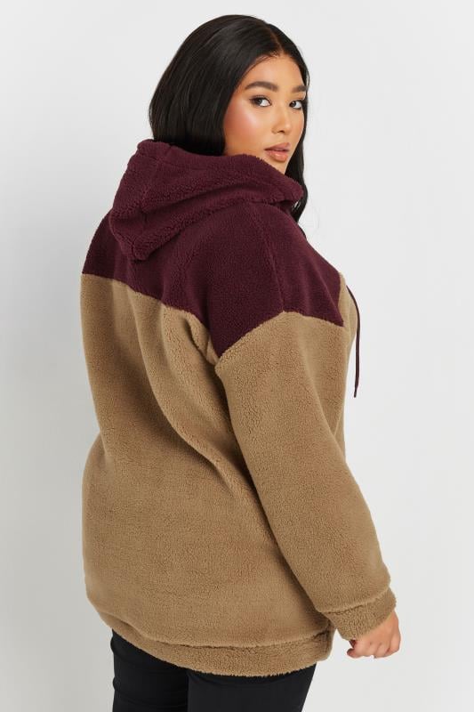 YOURS Plus Size Natural Brown & Burgundy Red Colourblock Teddy Fleece Hoodie | Yours Clothing  2