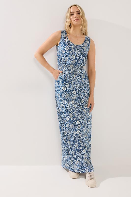 LTS Tall Women's Dark Blue Floral Tie Waist Cotton Maxi Dress | Long Tall Sally 1