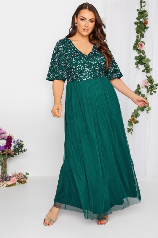 LUXE Plus Size Forest Green Sequin Hand Embellished Maxi Dress | Yours Clothing 2