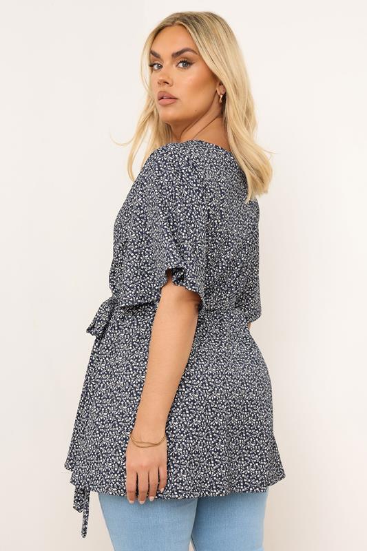 YOURS Plus Size Navy Blue Floral Print Textured Wrap Top | Yours Clothing 2