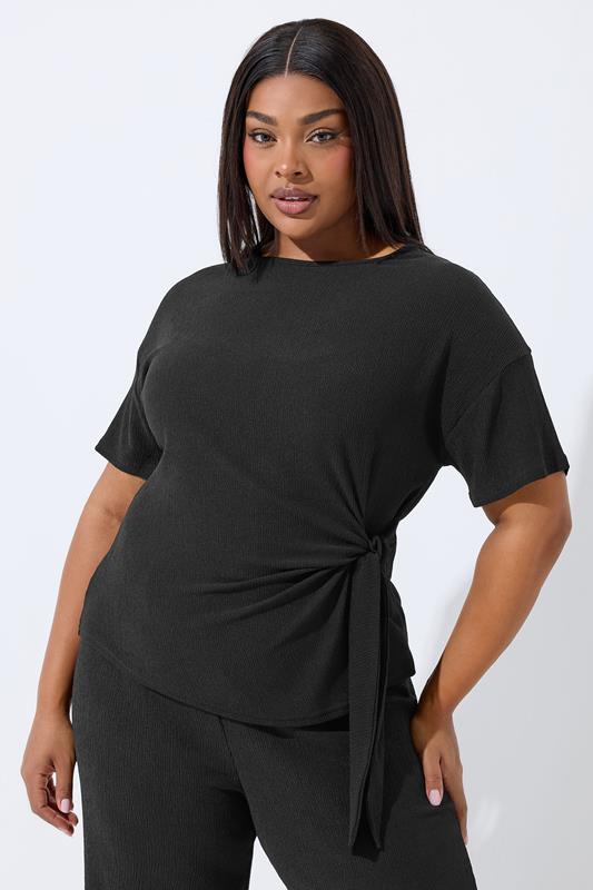 LIMITED COLLECTION Plus Size Black Textured Tie Top | Yours Clothing 1