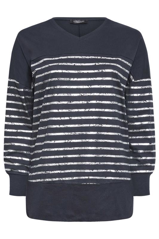 YOURS LUXURY Plus Size Navy Blue Metallic Stripe Top | Yours Clothing 5