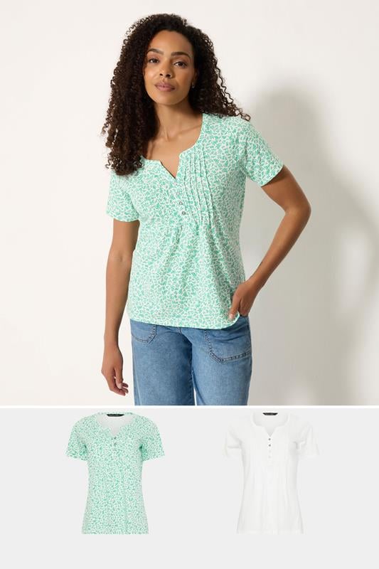  M&Co 2 PACK White & Green Leaf Print Cotton Henley Tops