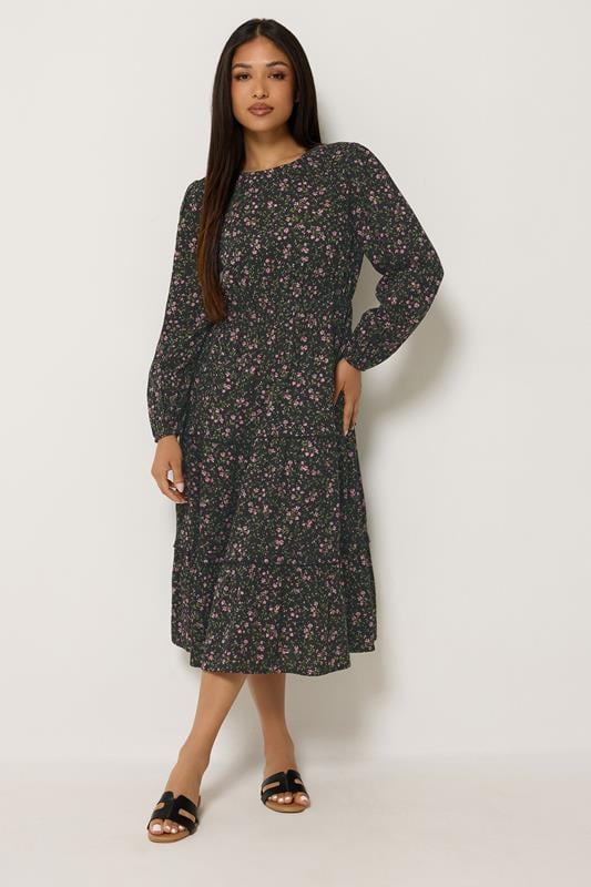  M&Co Petite Black Floral Long Sleeve Ruffle Dress