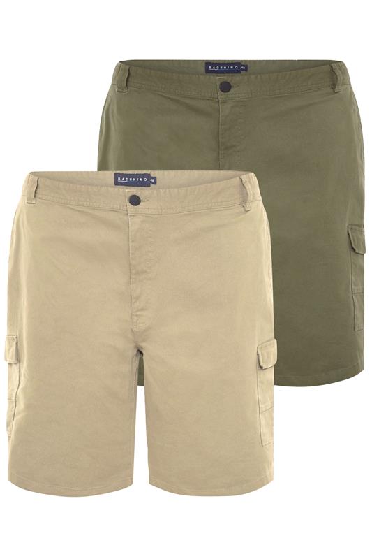 BadRhino Big & Tall 2 PACK Stone Brown & Khaki Green Stretch Cargo Shorts