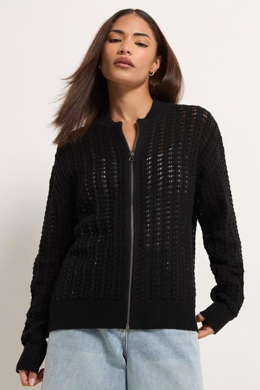 PixieGirl Petite Black Crochet Bomber Cardigan