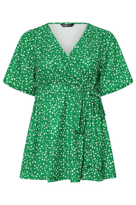 YOURS Plus Size Green Ditsy Floral Print Wrap Top | Yours Clothing 5