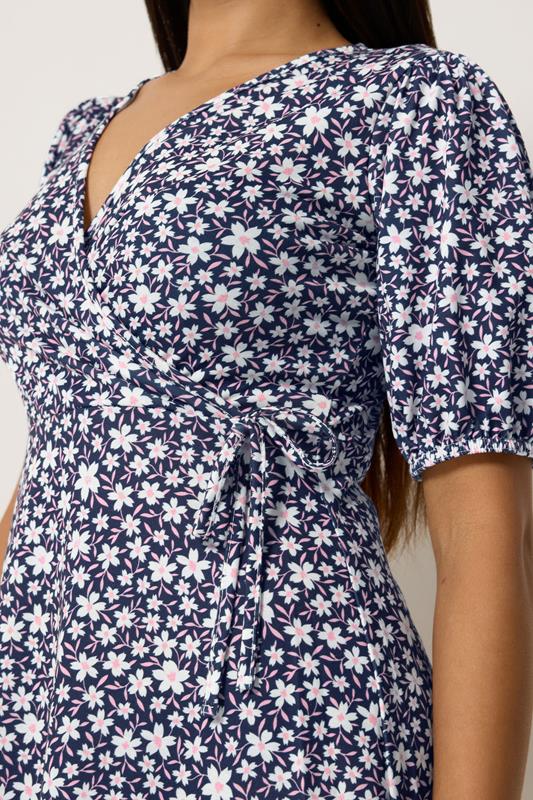 M&Co Petite Navy Blue Floral Print Midi Wrap Dress | M&Co 4