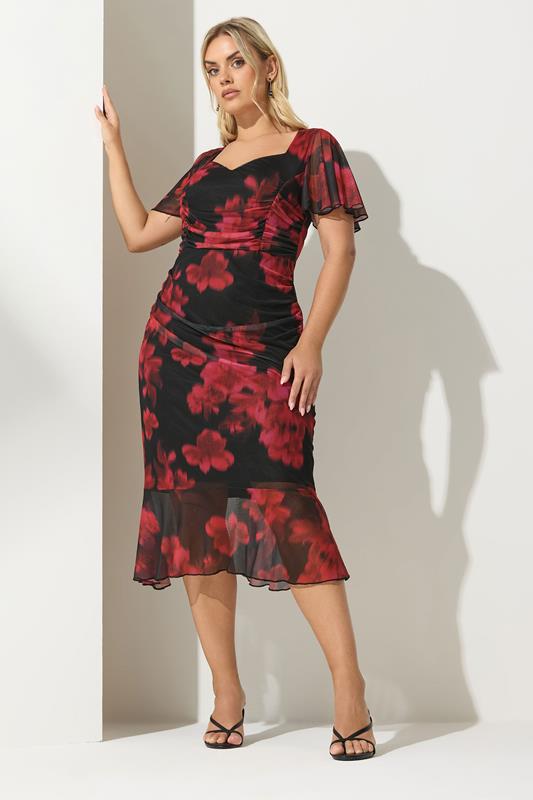 YOURS LONDON Plus Size Red Floral Gathered Midi Dress | Yours Clothing 1