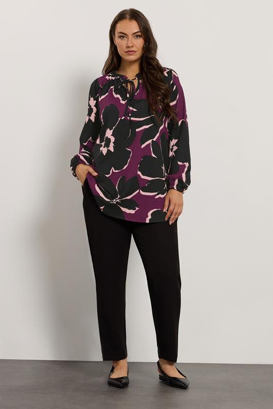 EVANS Plus Size Purple & Black Floral Tie Neck Blouse | Evans 1