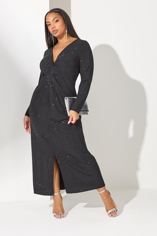 YOURS LONDON Curve Black Glitter Knot Front Maxi Dress