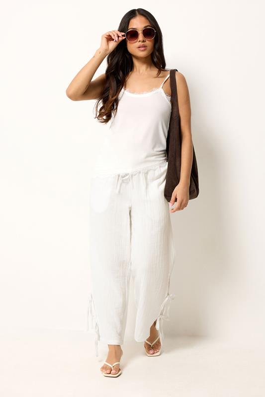 PixieGirl Petite Women's White Tie Detail Cotton Cheesecloth Wide Leg Trousers | PixieGirl 1
