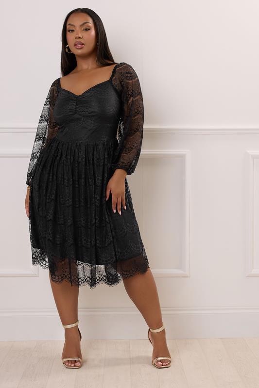 YOURS LONDON Plus Size Black Lace Sweetheart Skater Dress | Yours Clothing 1