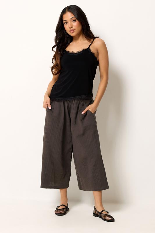 PixieGirl Petite Women's Chocolate Brown Cotton Cheesecloth Cropped Wide Leg Trousers | PixieGirl 4