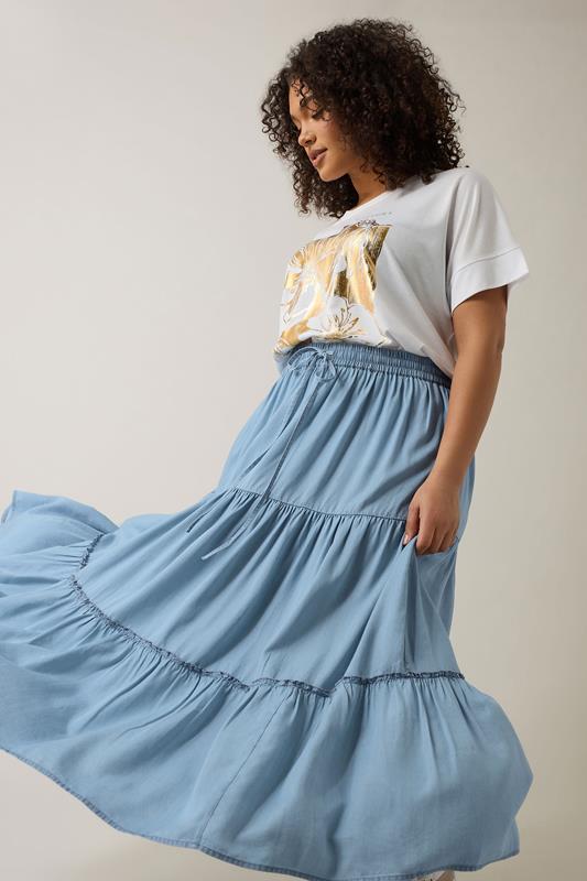 EVANS Plus Size Light Blue Lyocell Denim Tiered Skirt | Evans 4