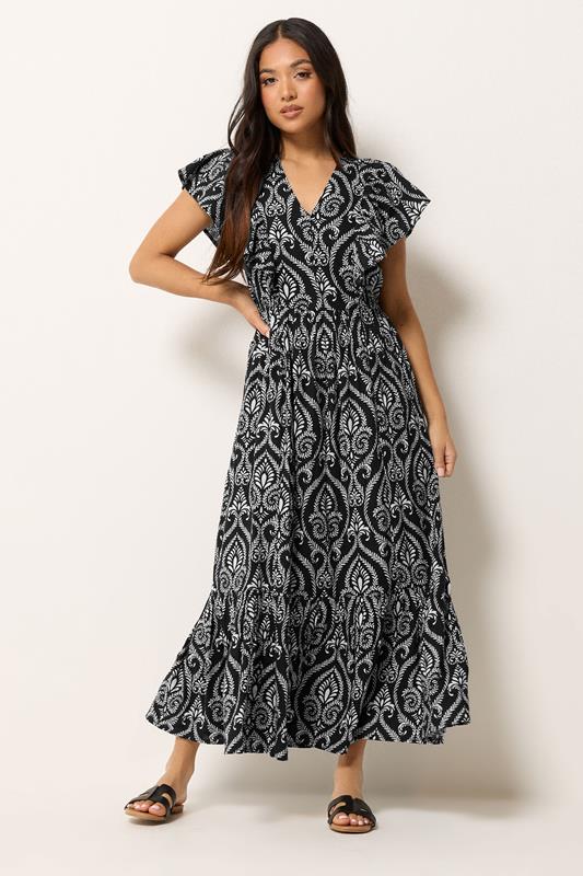 PixieGirl Petite Black Tile Print Tiered Maxi Dress