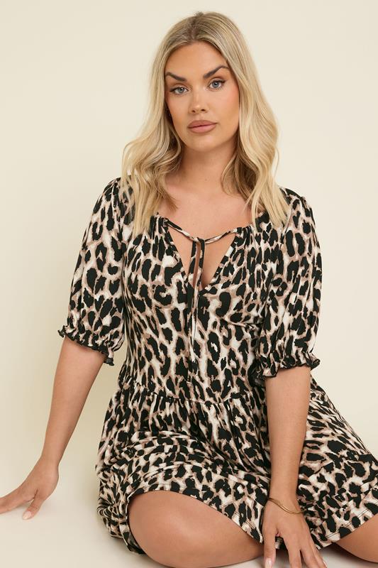 YOURS Plus Size Natural Brown Leopard Tie Neck Mini Dress | Yours Clothing 4
