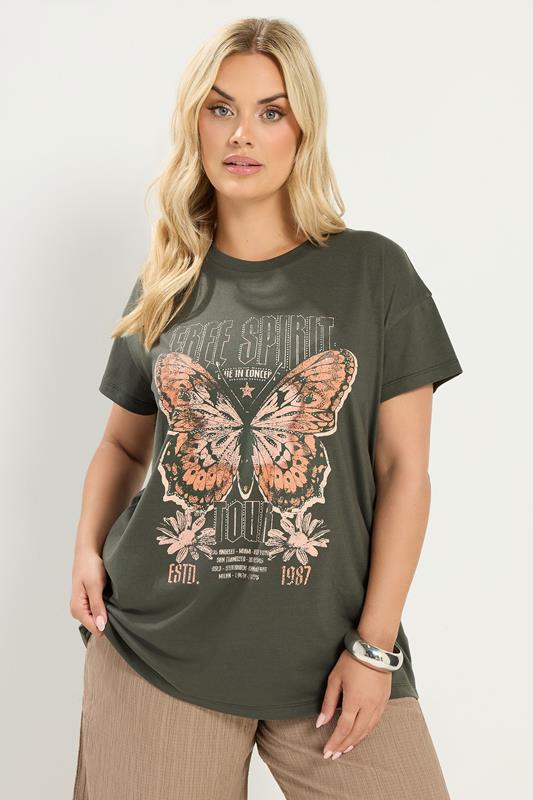 YOURS Plus Size Khaki Green 'Free Spirit' Butterfly Embellished T-Shirt | Yours Clothing 1