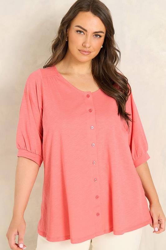 EVANS Curve Coral Pink Short Sleeve Cotton Top