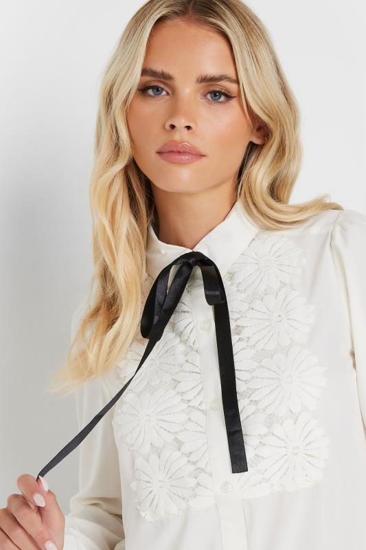 PixieGirl Petite Women's Ivory White Lace Trim Tie Neck Shirt | PixieGirl 4