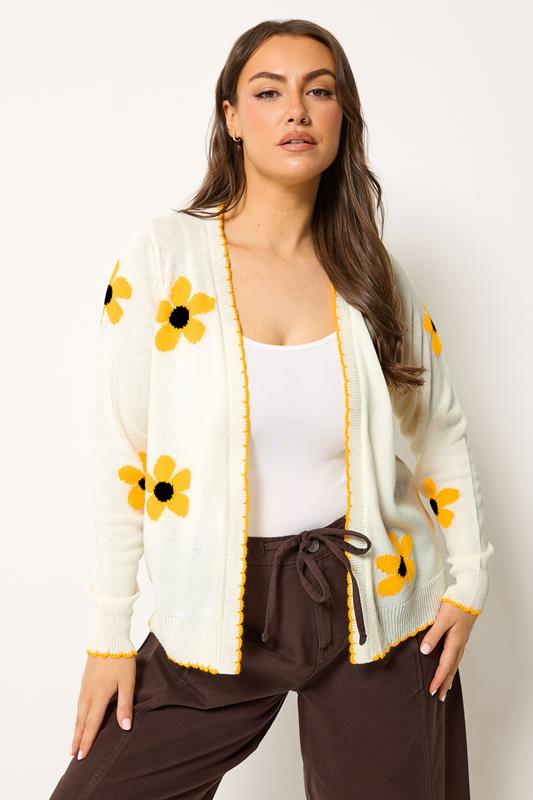 YOURS Curve Ivory White Sunflower Knitted Cardigan