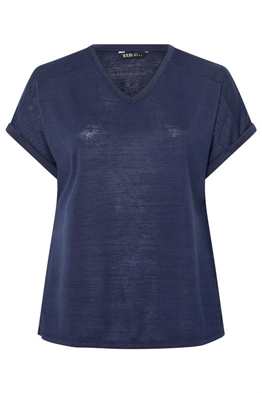 YOURS Plus Size Navy Blue Linen Look T-Shirt | Yours Clothing 5