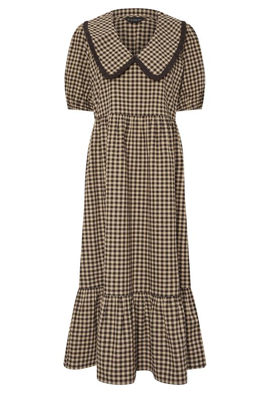 PixieGirl Petite Women's Brown Gingham Big Collar Cotton Maxi Dress | PixieGirl 6