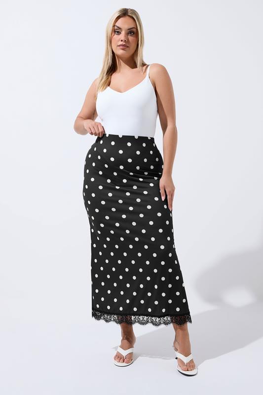 LIMITED COLLECTION Curve Black Polka Dot Lace Hem Skirt