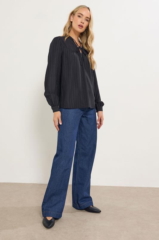 LTS Tall Black Textured Tie Neck Blouse | Long Tall Sally 1