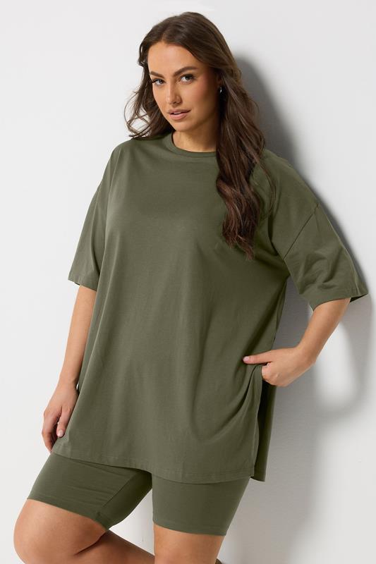 YOURS Curve Khaki Green Side Split Longline T-Shirt