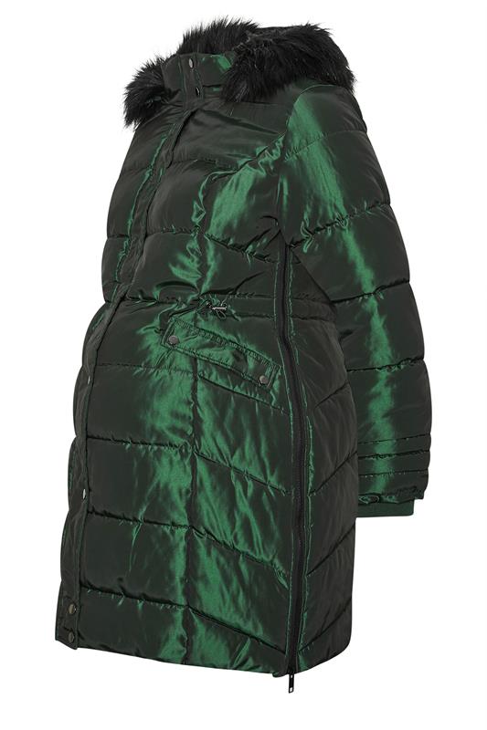 BUMP IT UP Maternity Plus Size Green Panelled Puffer Midi Coat | Yours Clothing 5