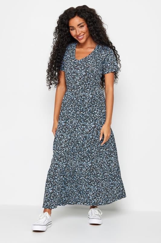 Women's  M&Co Petite Black & Blue Ditsy Florlal Print Tiered Cotton Maxi Dress