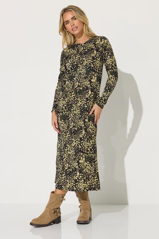 PixieGirl Petite Women's Khaki Green Abstract Animal Long Sleeve Cotton T-Shirt Dress | PixieGirl 1
