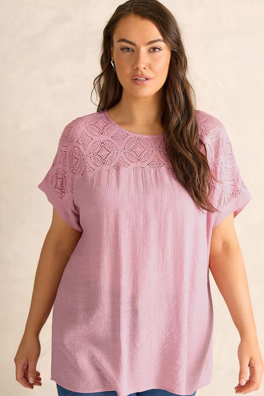 EVANS Plus Size Pink Lace Detail Short Sleeve Top | Evans  1