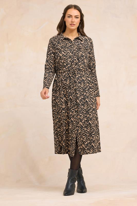 EVANS Plus Size Natural Brown Abstract Print Crepe Midi Shirt Dress | Evans 1