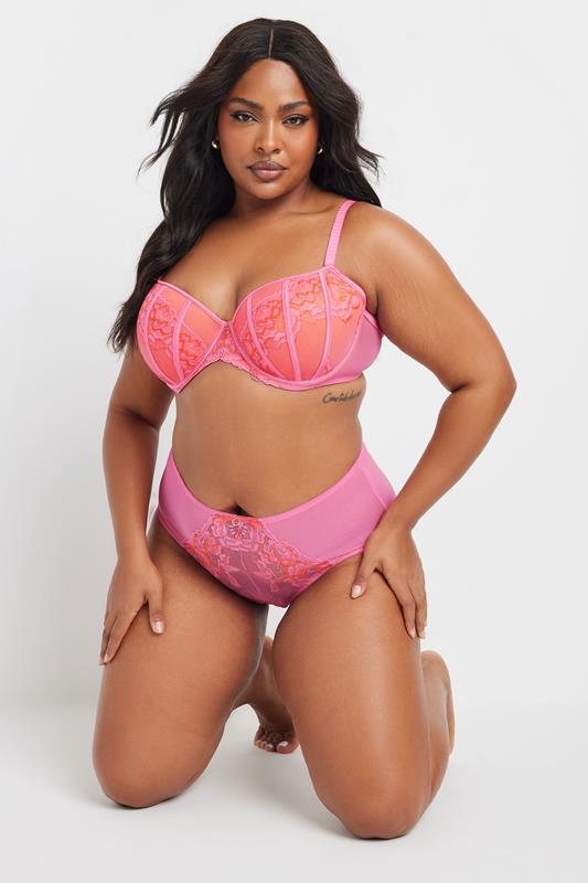 YOURS Plus Size Pink Contrast Lace Padded Plunge Bra | Yours Clothing 1