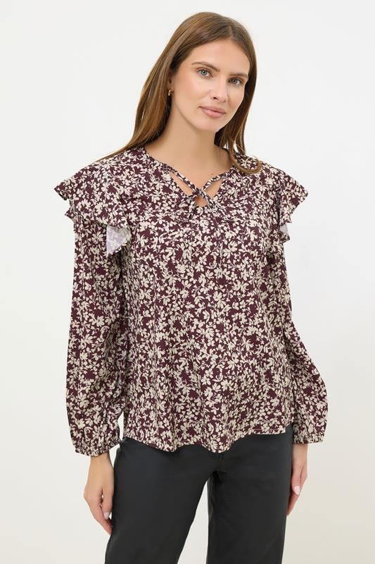 M&Co Berry Purple Floral Print Tie Neck Blouse | M&Co 2