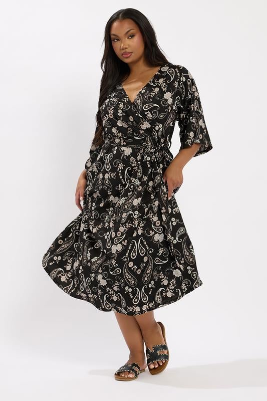 YOURS Plus Size Black Paisley Kimono Sleeve Maxi Wrap Dress | Yours Clothing 1