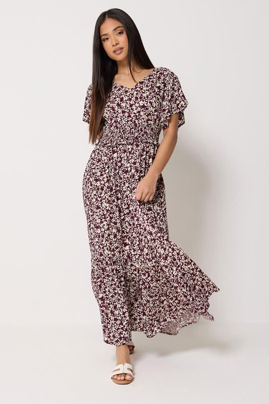 M&Co Petite Berry Purple Floral Shirred Waist Maxi Dress | M&Co 2