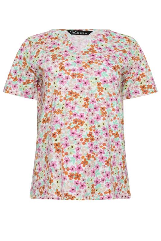 M&Co Pink Floral Print Notch Neck T-Shirt | M&Co 5